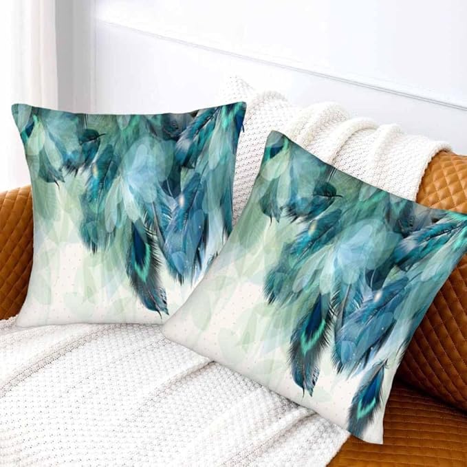 Peacock Feather 18 X 18 Pillow Covers Watercolor Gradient Blue Soft Halo Green Leaves Set of 2 Pillow Cases Square Velvet Outdoor Pillowcases Decorative for Home Bed Sofa Couch Hotel