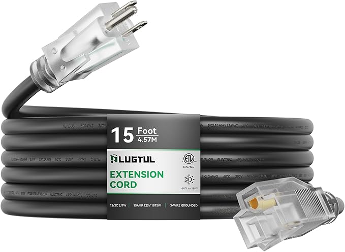 PLUGTUL Outdoor Extension Cord 15FT, 12 Gauge Extension Cord with Lighted End, Heavy Duty,15A 1875W SJTW, ETL Listed, Great for Garden and Home, Black