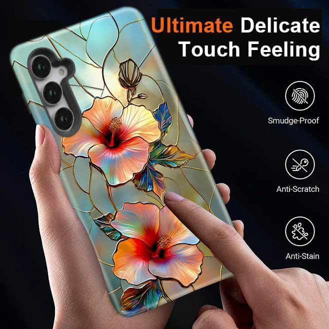 Compatible for Samsung Galaxy S25 Plus 5G Case, Dual Layer Heavy Duty 2 in 1 Shockproof Protective Phone Case,Stained Glass Floral Hibiscus