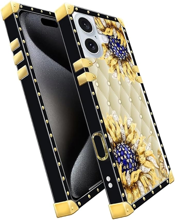 Compatible with iPhone 16 Plus Case, Sunflower Diamonds Leather Luxury Golden Decoration for Girl Women Soft TPU Shockproof Protective Hard PC Back for iPhone 16 Plus