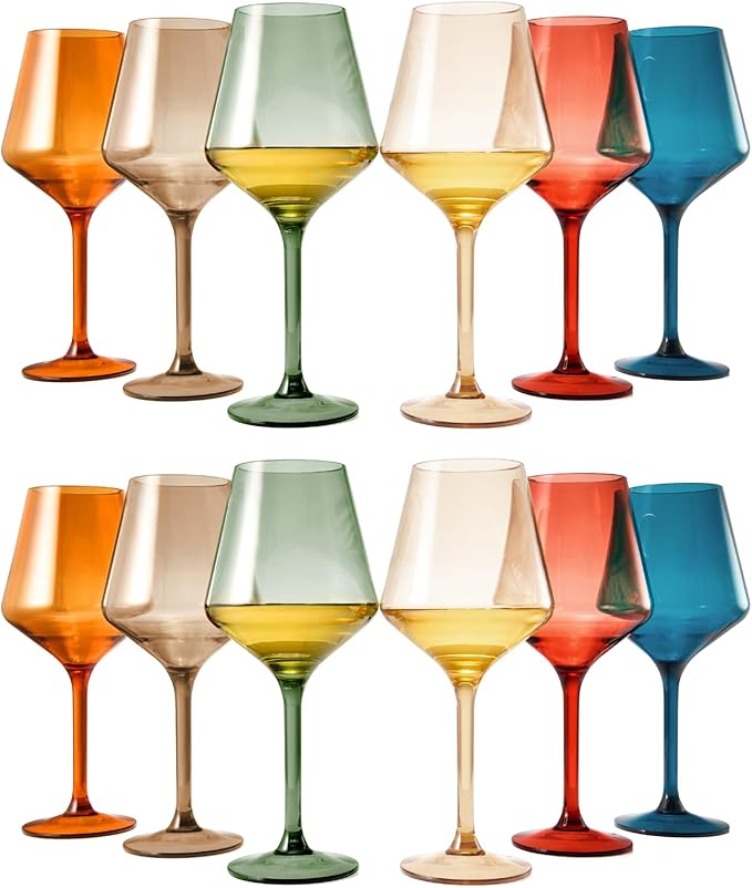 European Style Plastic Crystal Unbreakable Stemmed Wine Glasses | Set of 12 | Acrylic Glasses Tritan Pastel Color Shatterproof BPA-free, Outdoor, Pool, Indoor, Hand Wash 17oz Gift, Everyday & Holiday