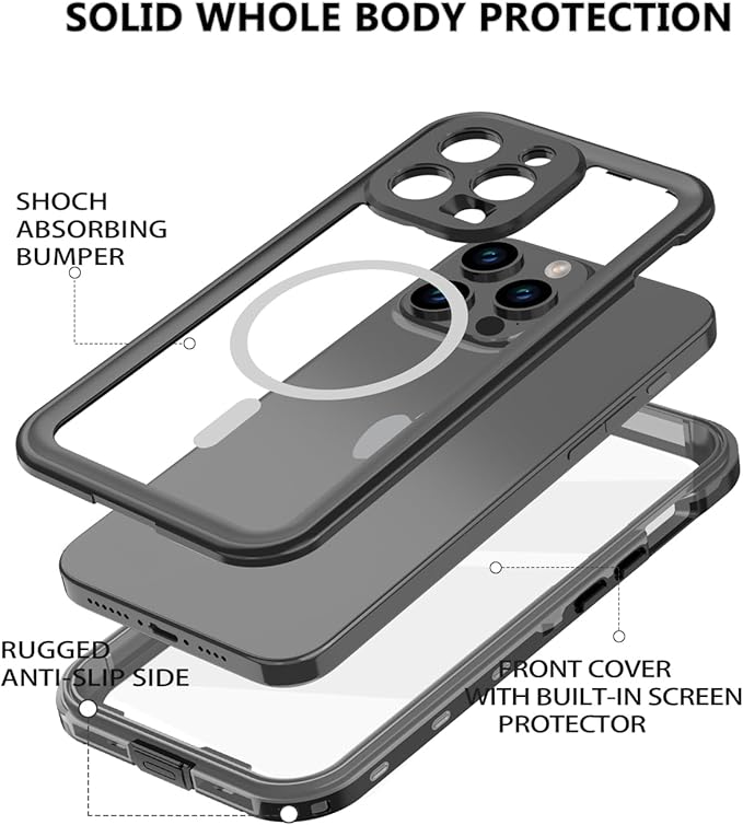 for iPhone 15 Pro Case Waterproof, [Shockproof] [Dustproof] [IP68 Waterproof] Full-Body Hard Case Built-in [Lens Screen Protection] for Diving Case (Black, for iPhone 15 Pro 6.1in)
