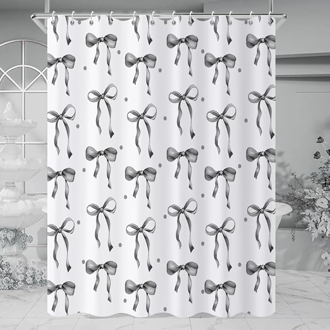 Grey and White Bow Shower Curtain, Grey Modern Aesthetic Bowknot with Polka Dot Cute Girly Bathroom Curtain Waterproof Fabric Machine Washable with Hooks, 72" Wx84 L