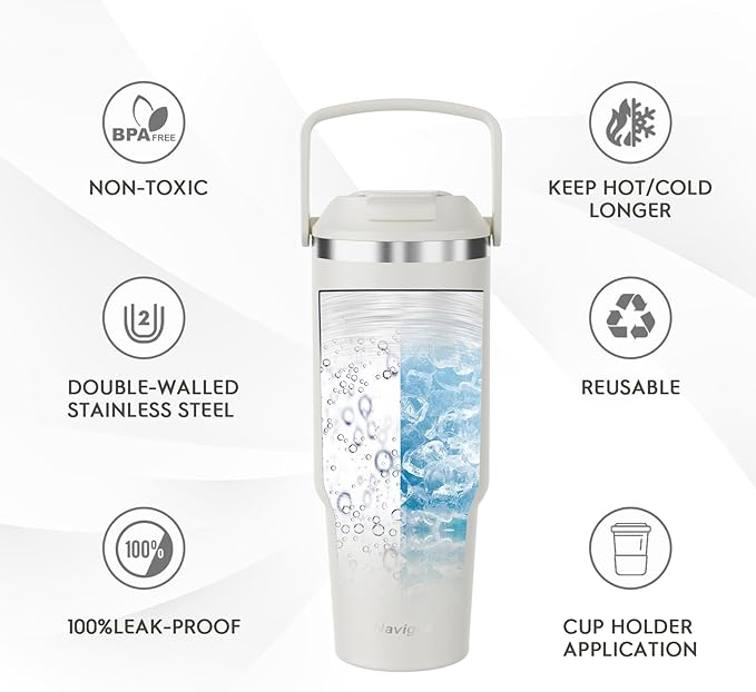 Navigate 30 oz Tumbler with Handle and Straw Lid,Twist On Lid and Flip Up Straw, Double Insulated Tumblers with Flip Straw and Top Handle, Insulated Water Bottle, White