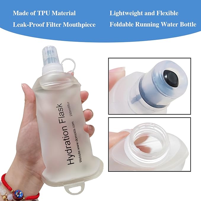 CLINTT 250ml Soft Flask, Foldable Running Water Bottle, TPU Folding Soft Water Flask, BPA-Free Collapsible Flask for Hydration Pack Running Vest, Cycling, Climbing, Hiking - 2Pcs, White