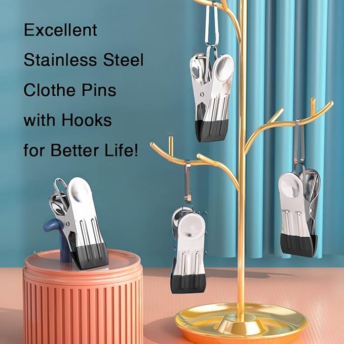 10PCS Small Clothes Pin with Hook for Easy Hanging, Stainless Steel Clothespins, Metal Laundry Grip Clips, Anti Rust, Multipurpose