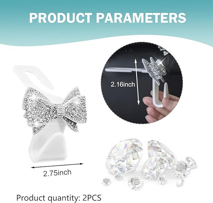 2 PCS Bling Bow Car Seat Headrest Hooks, Cute Rhinestone Bow Car Seat Back Storage Decor Hook, Multi-Purpose Rear Hanger Holder for Bags, Purse, Clothes (White)