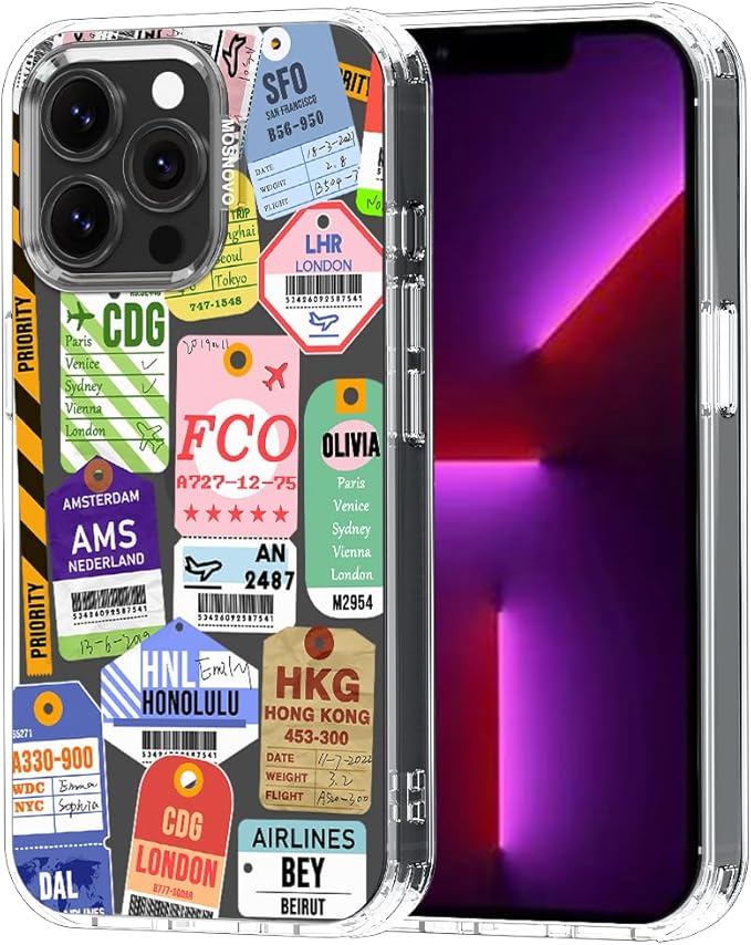 MOSNOVO Case for iPhone 13 Pro, [Buffertech 6.6ft Military-Grade Drop Protection] [Anti Peel Off Tech] Clear TPU Bumper Phone Case Cover Design - Air Ticket Labels