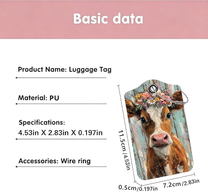 2 Pack Cute Cow Luggage Tags, Floral Cattle & Highland Cow ID Tags with Privacy Cover, PU Leather Bag Identifiers, Spring & Summer Vacation Essentials, Mother's Day