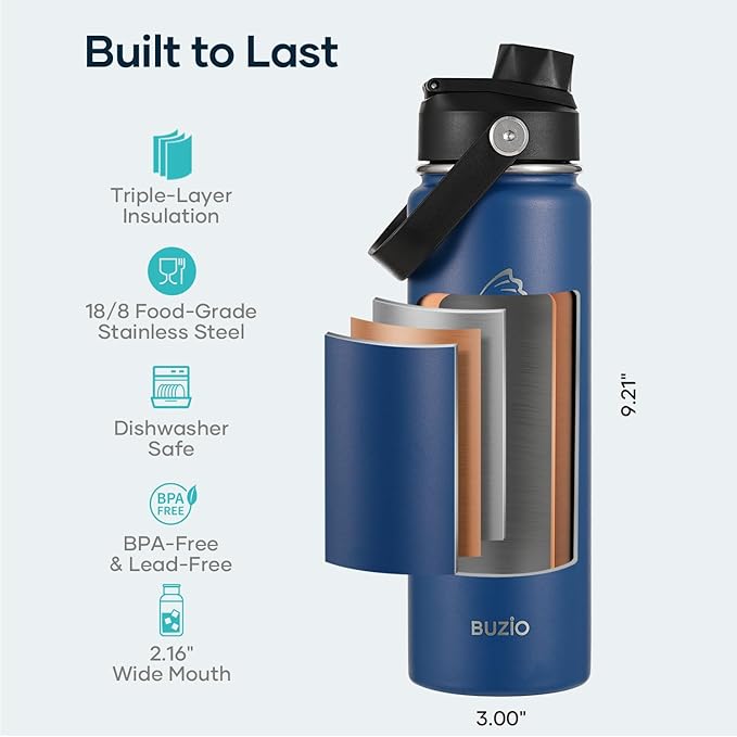 BUZIO 24 oz Insulated Water Bottle, Stainless Steel Wide Mouth Water Flask with Straw Lid, Cold for 48 Hrs Leak Proof Metal Hydro Thermo Canteen Mug, Blue