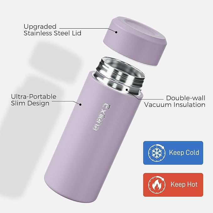 【Upgraded】Exllena Small Insulated Water Bottle 8 oz/250ml– Mini Insulated Water Bottle for Hot & Cold Drinks, Perfect Small Flask for Travel, Purse...(Light Purple)