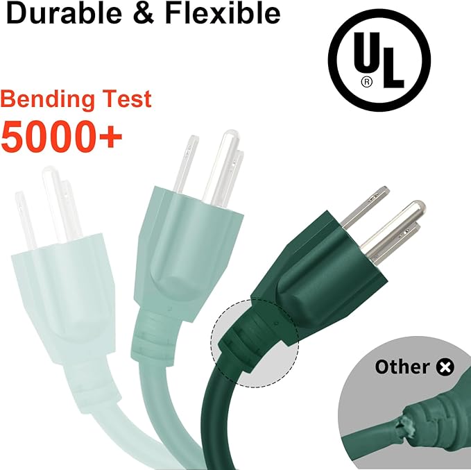 Outdoor Extension Cord Waterproof 100 FT, Green 14/3 SJTW Heavy Duty, Flexible 100% Copper 3 Prong Extension Cord for Lawn, Garage,UL Listed