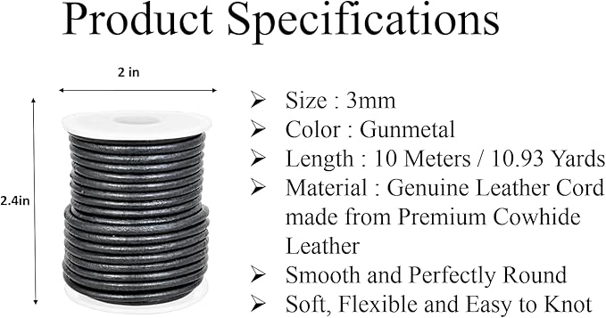 GENIQUE Real/Genuine Round Leather String Cord for Necklace, Bracelets, Jewelry, Kumihimo Braiding, DIY Projects (10 Metres) (3mm, Gunmetal Metallic)