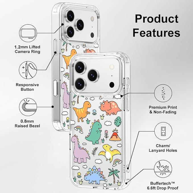 MOSNOVO for iPhone 17 Pro Case | Military Grade 6.6ft Drop Tested | Camera Control | Clear with Dinosaur Land Design