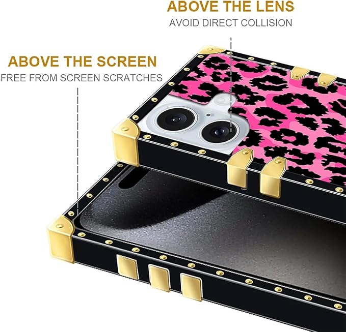 Compatible with iPhone 16 Case, Pink Black Leopard Luxury Golden Decoration for Girl Women Soft TPU Shockproof Protective Hard PC Back