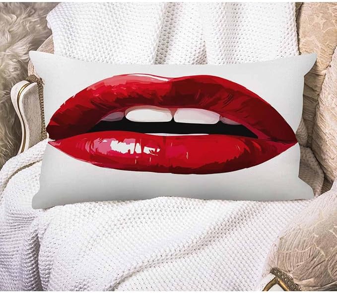 EKOBLA Sexy Biting Lips Farmhouse Oblong Rectangle Throw Pillow Covers Woman Red Lipstick Makeup Beauty Square Decorative Cushion Case for Couch Sofa Chair Bed Cotton Linen 12x20 Inch