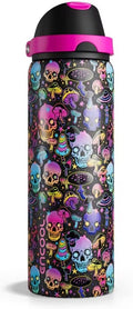 Insulated Water Bottle with Straw - Encool Stainless Steel Water Bottle with Push Button Lid, Leak-Proof & BPA-Free, Keeps Cold for 24 Hours for Sports, Travel, Gym (32 oz, Trippy Skulls)