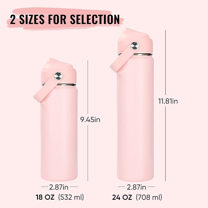 Fijinhom 24oz Insulated Stainless Steel Water Bottle, Wide Mouth Double Wall Vacuum, Silicone Straw, Sweat & Leak Proof, BPA Free Insulated Water Flask for Travel, Keep Cold 24h Hot 12h, Coral Pink