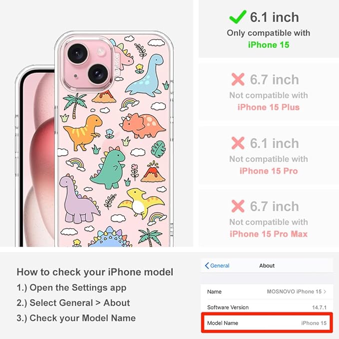 MOSNOVO Case for iPhone 15, [Buffertech 6.6ft Military-Grade Drop Protection] [Anti Peel Off Tech] Clear TPU Bumper Phone Case Cover Design - Dinosaur Land