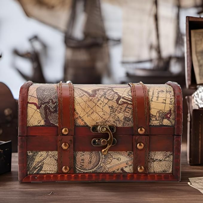 Hilitand Pirate Treasure Chest Vintage Handmade Decorative Wooden Box Trinket Jewelry Storage Case Home Decoration(Map)