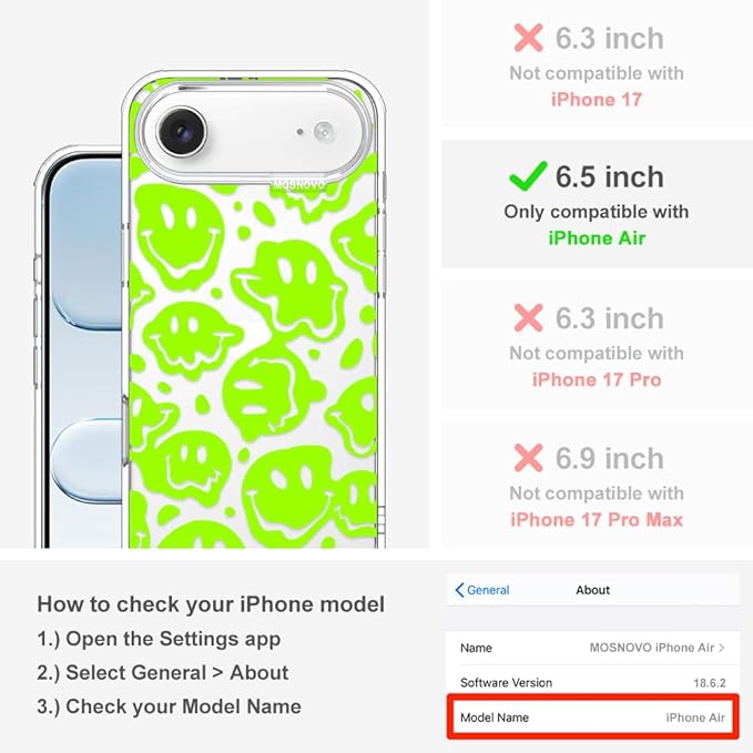 MOSNOVO for iPhone Air Case | Military Grade 6.6ft Drop Tested | Camera Control | Clear with Distorted Green Smiles Face Design