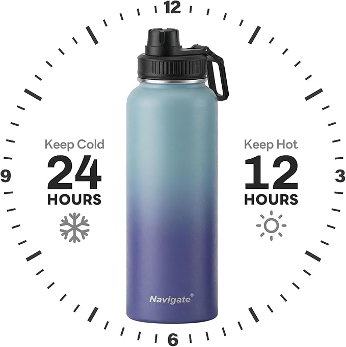 Navigate 40 oz Insulated Stainless Steel Sports Water Bottle with Spout & Handle Lids,Wide Mouth Water Jug with Double Walled Leak Proof Keep Cold for 24 Hrs Hot for 12 Hrs, Blue Gradient