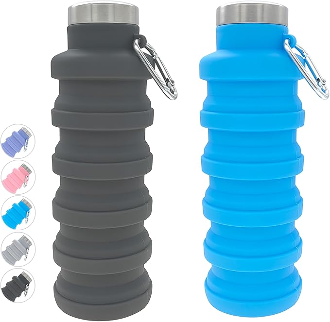 YCT Collapsible Water Bottle 17oz（500ml），Travel Portable Sport Water Bottle，Reusable Silicone Foldable Water Bottles for Gym Camping Hiking (Black+Blue)