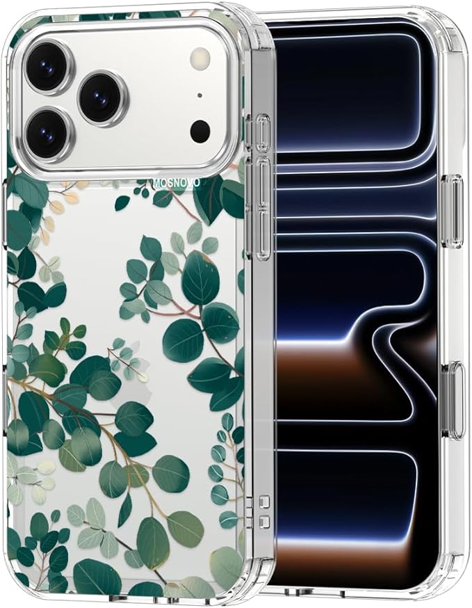 MOSNOVO for iPhone 17 Pro Max Case | Military Grade 6.6ft Drop Tested | Camera Control | Clear with Eucalyptus Design
