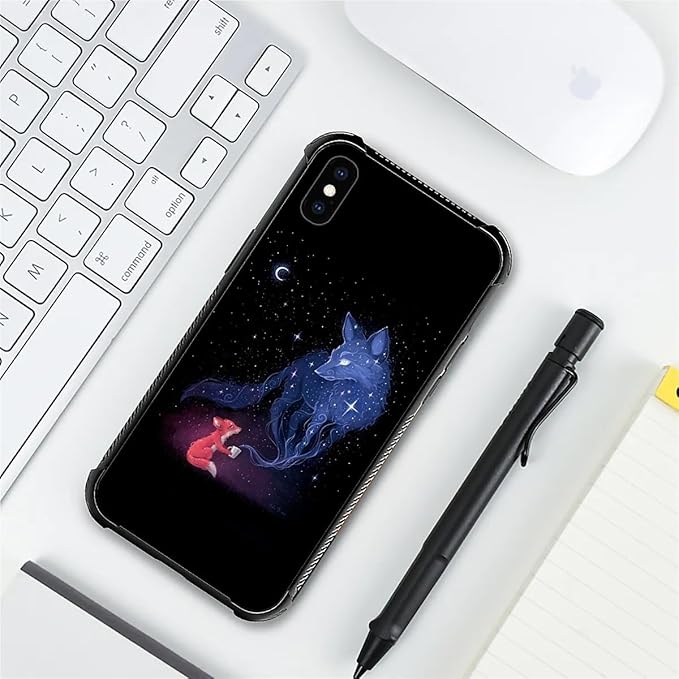for iPhone X/Xs Case, Galaxy Fox Wolf Pattern Graphic Design Girl Boy Soft Silicone Hard Acrylic Shock Protection for iPhone X/Xs