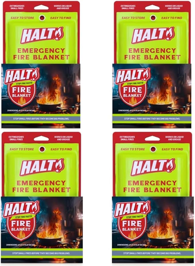HALT! Emergency Fire Blanket - Rapid Fire Suppression for Home, Kitchen, Car & Camping |Lightweight, No Mess, Safe for Grease & Electrical Fires | Reusable & Never Expires (4-Pack)