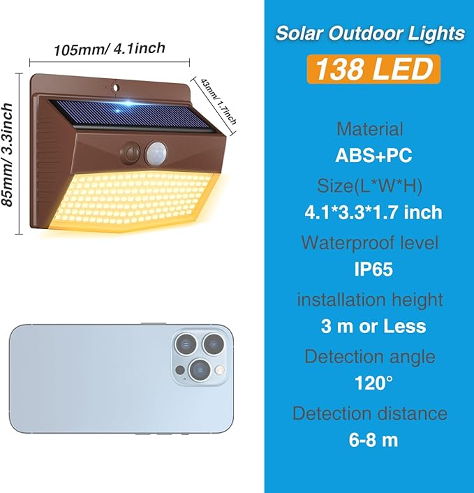 Peasur 1 Pack Solar Motion Lights Outdoor, Solar Security Light with 3 Modes, IP65 Waterproof Flood Lights Outside for Camping Garden Patio Garage Backyard, Brown Warm