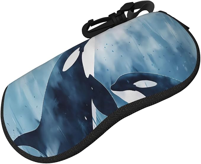 Watercolor Orca Whale Glasses Case Neoprene Portable Zipper Eyeglass Bag With Hook