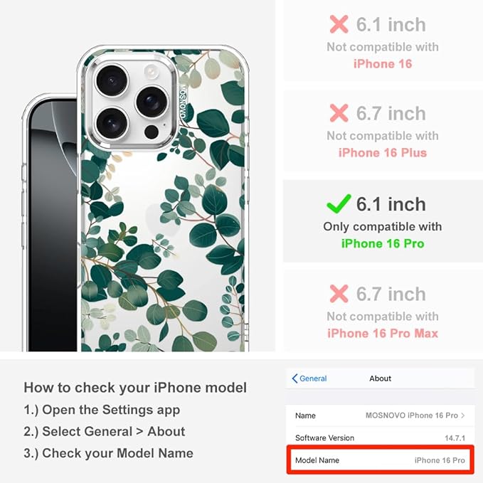 MOSNOVO Case for iPhone 16 Pro, [Buffertech 6.6ft Military-Grade Drop Protection] [Anti Peel Off Tech] Clear TPU Bumper Phone Case Cover Design - Eucalyptus