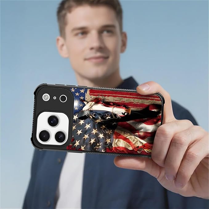 for iPhone 17 Pro Case,for MagSafe Graphic Design for Girl Boy Soft Silicone Hard Acrylic Shock Protection Designed for iPhone 17 Pro Red American Flag Horse Cross Pattern
