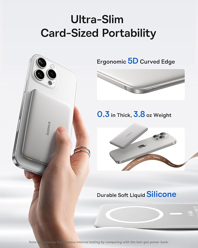 Baseus Picogo Power Bank, 0.3" Ultra Slim 5000mAh MagSafe Portable Charger, Card-Size Magnetic Battery Pack with USB-C Braided Cable, Alloy Wireless Charger for iPhone 17 Pro Max/17 Air/16/15/14/13/12