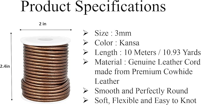 GENIQUE Real/Genuine Round Leather String Cord for Necklace, Bracelets, Jewelry, Kumihimo Braiding, DIY Projects (10 Metres) (3mm, Kansa)