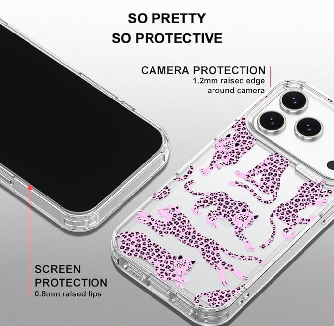 MOSNOVO for iPhone 17 Pro Case | Military Grade 6.6ft Drop Tested | Camera Control | Clear with Pink Leopard Design