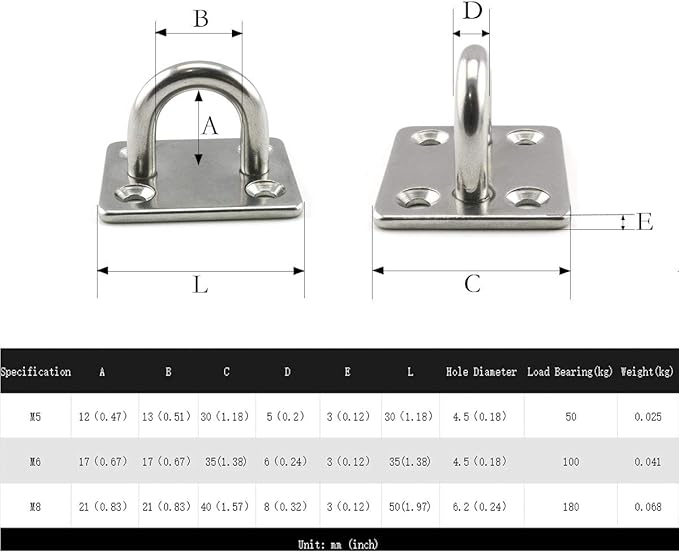 heyous 2 Set M8 Suspension Ceiling Wall Mount U Hook Anchor Hanger Stainless Steel Heavy Duty Multi Purpose Hammock Swing Ceiling Hook Square Base Plate with Snap Hook