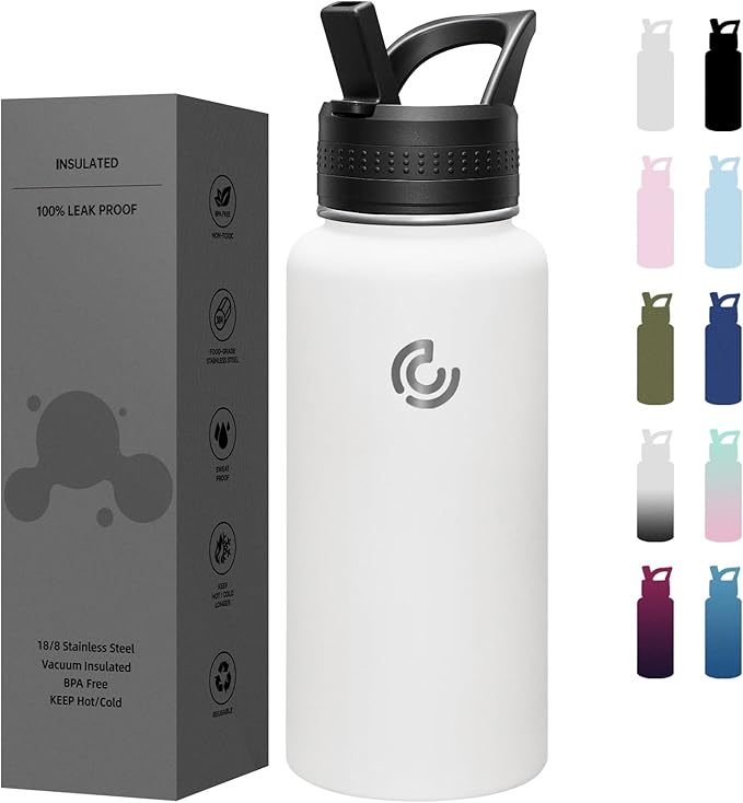 COKTIK 32oz Sports Water Bottle, Stainless Steel Water Bottle for Insulated, Reusable Travel Bottle, With Straw, With Handle Grip for Easy Carrying, Suitable for Cycling, Outdoor Vacations(White)
