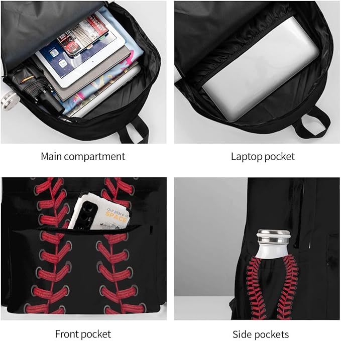 cfpolar 17 Inch Backpack Black Baseball Red Stitches Laptop Bag Shoulder Bag School Bookbag Casual Daypack For Boys Girls,A-8