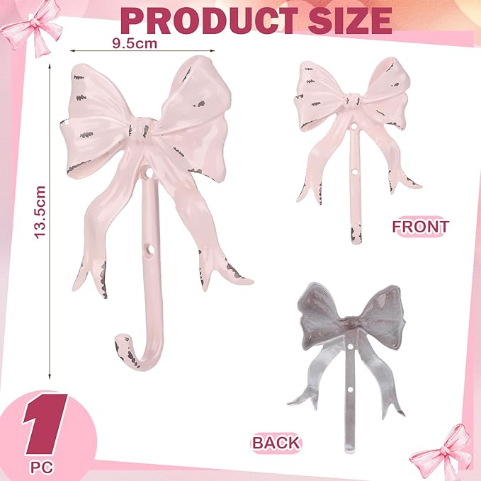 CroBlissful 1 Pcs Coquette Iron Pink Bow Hook Home Decorative Multi-Purpose Knot Wall Hook for Door Hanger Coat Hat Towel for Bathroom Kitchen Living Room Home Decor, 5.31 x 3.74 inch