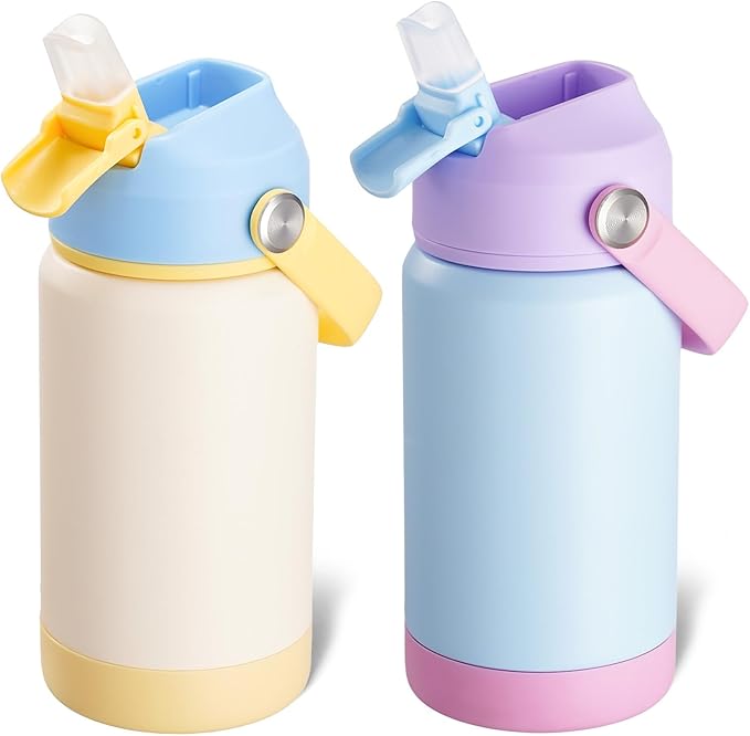 Kerilyn 12oz Water Bottle 2 Pack, Stainless Steel Insulated Water Bottle Bulk with Straws Leak-Proof,BPA Free, 2 Piece Set Cloud & Skyblush