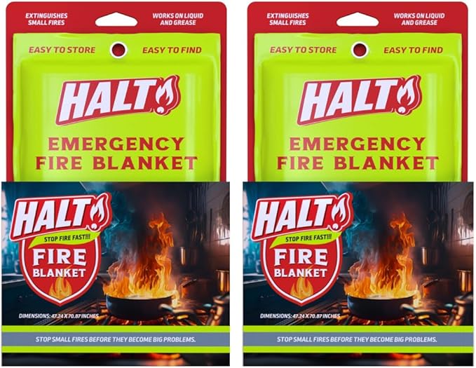 HALT! Emergency Fire Blanket - Rapid Fire Suppression for Home, Kitchen, Car & Camping |Lightweight, No Mess, Safe for Grease & Electrical Fires | Reusable & Never Expires (2-Pack)