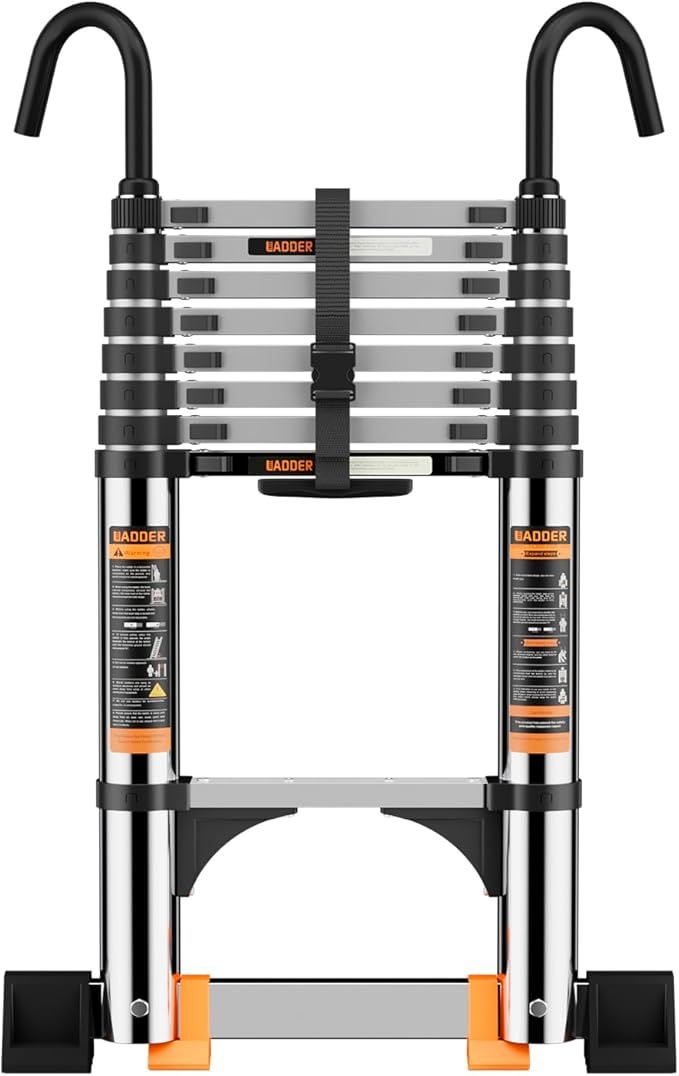 Telescoping Ladder,with Stable Hook and stabilizer barand,8.5FT Extension Ladder, Heavy Duty 330lbs Max Capacity, Multi-Purpose Collapsible Ladder for RV or Outdoor Work (2.6M/8.5FT)