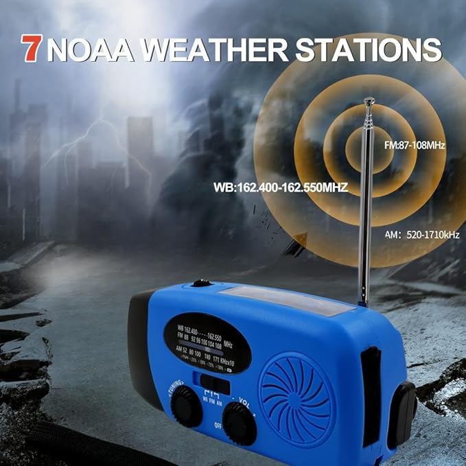 2000mAh Weather Emergency Radio, Portable Solar AM/FM/NOAA Hand Crank Radio, Cell Phone Charger with SOS, 1W LED Flashlight, Headphone Jack, Power for Emergency Preparedness