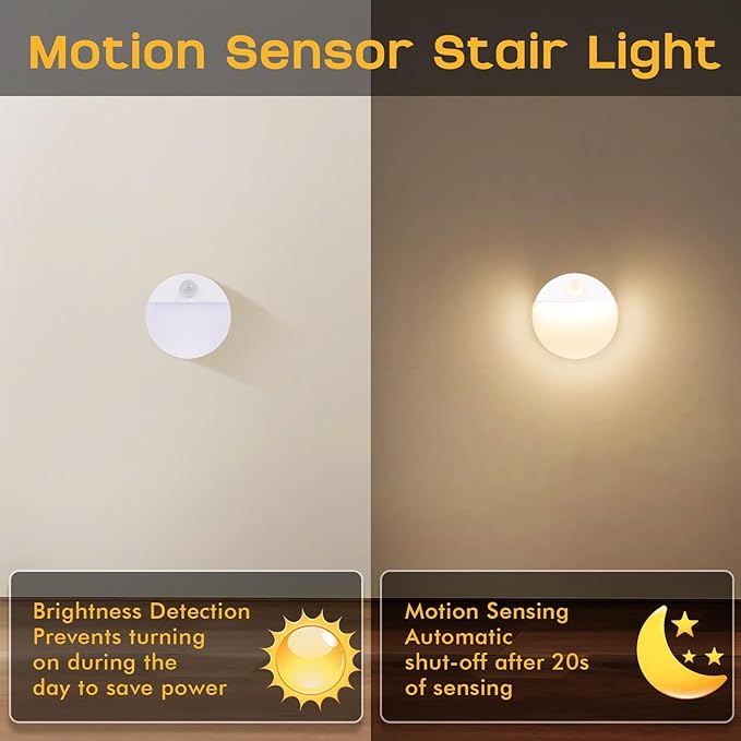 Guankai 8 Pack Motion Sensor Stair Light for Indoor, Battery Operated Night Lights, Led Stick On Puck Lighting Closet Lamp, Motion Activated Lamps for Step, Cabinet, Hallway, Bathroom