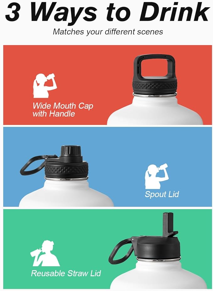 Coolflask 128 oz Gallon Water Bottle Insulated with Straw&3 Lids, Water Jug Large Stainless Steel Metal Vacuum Wide Mouth for Sports, Gym or Office, Non-BPA Keep Cold 48H Hot 24H, White & Black
