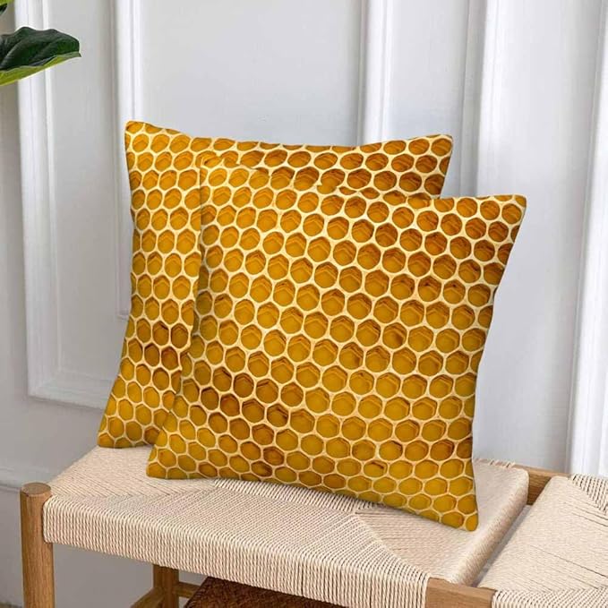 Bee Honeycomb Throw Pillow Covers 18x18 Yellow Honey Abstract Set of 2 Pillow Cases Square Velvet Outdoor Pillowcases Decorative for Home Bed Sofa Couch Hotel