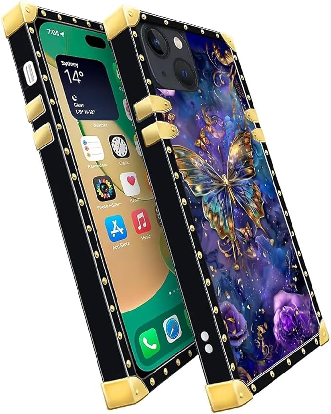 Compatible with iPhone 14 Case, Glistening Golden Butterfly Vibrant Purple Blue Luxury Golden Decoration for Girl Women Soft TPU Shockproof Protective Hard PC Back for iPhone 14