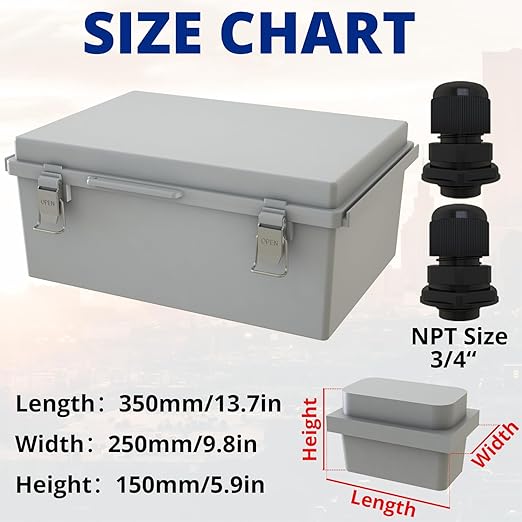 MAKERELE Grey Electrical Junction Box for Outdoor Waterproofing,Outsourced IP67 ABS Plastic, Including Mounting Plate,Wall Bracket,Hinged Cover, and 3/4" NPT*2(13.8"×9.8"×5.9")